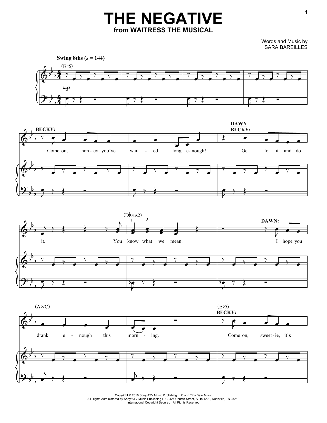 Sara Bareilles The Negative (from Waitress the Musical) sheet music notes and chords arranged for Easy Piano