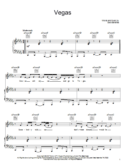 Sara Bareilles Vegas sheet music notes and chords arranged for Piano, Vocal & Guitar Chords (Right-Hand Melody)