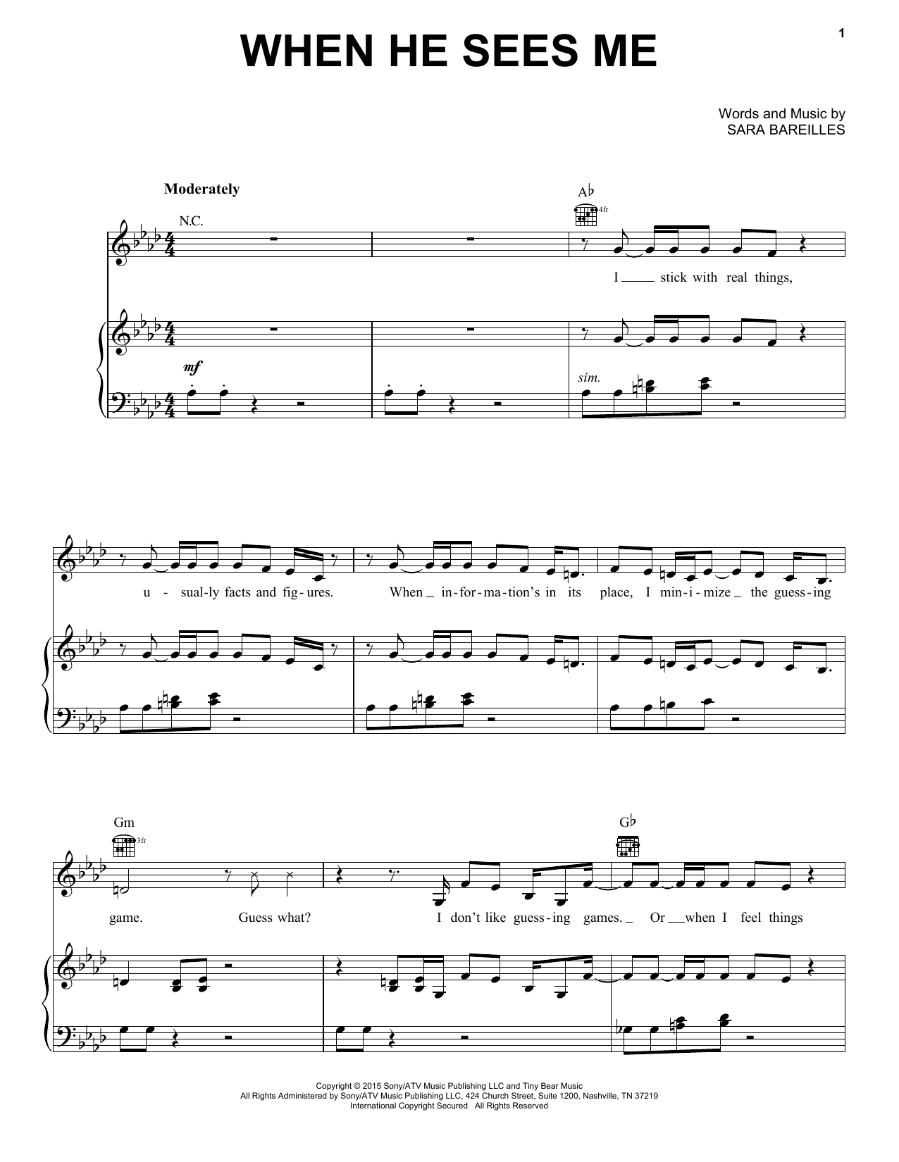 Sara Bareilles When He Sees Me (from Waitress The Musical) sheet music notes and chords arranged for Piano, Vocal & Guitar Chords (Right-Hand Melody)