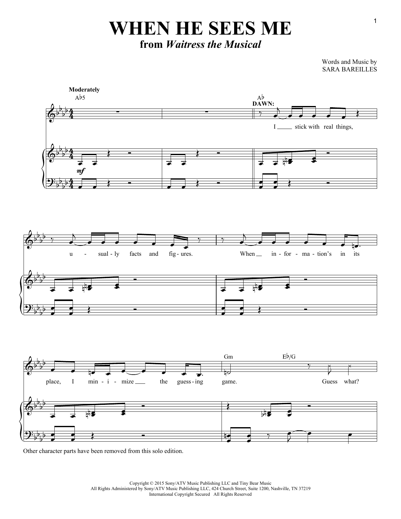 Sara Bareilles When He Sees Me [Solo version] (from Waitress the Musical) sheet music notes and chords arranged for Piano & Vocal