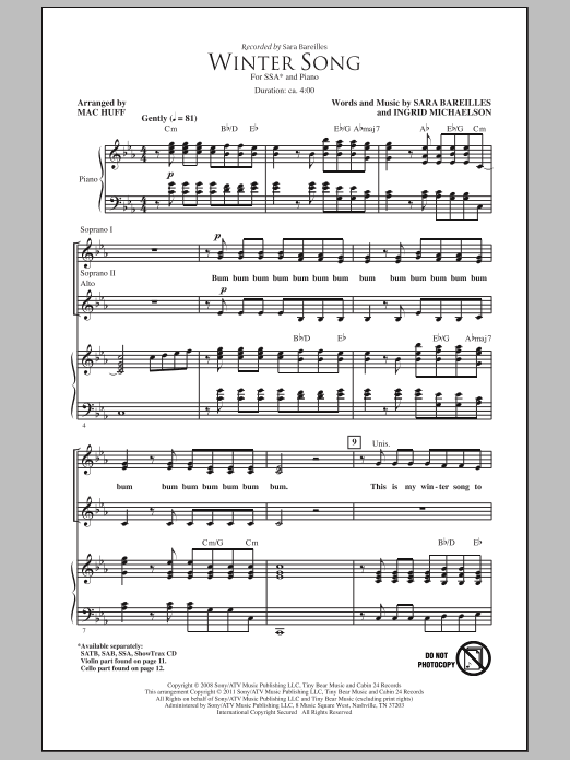 Sara Bareilles Winter Song (arr. Mac Huff) sheet music notes and chords arranged for SSA Choir