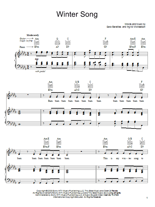 Sara Bareilles Winter Song sheet music notes and chords arranged for Piano, Vocal & Guitar Chords (Right-Hand Melody)
