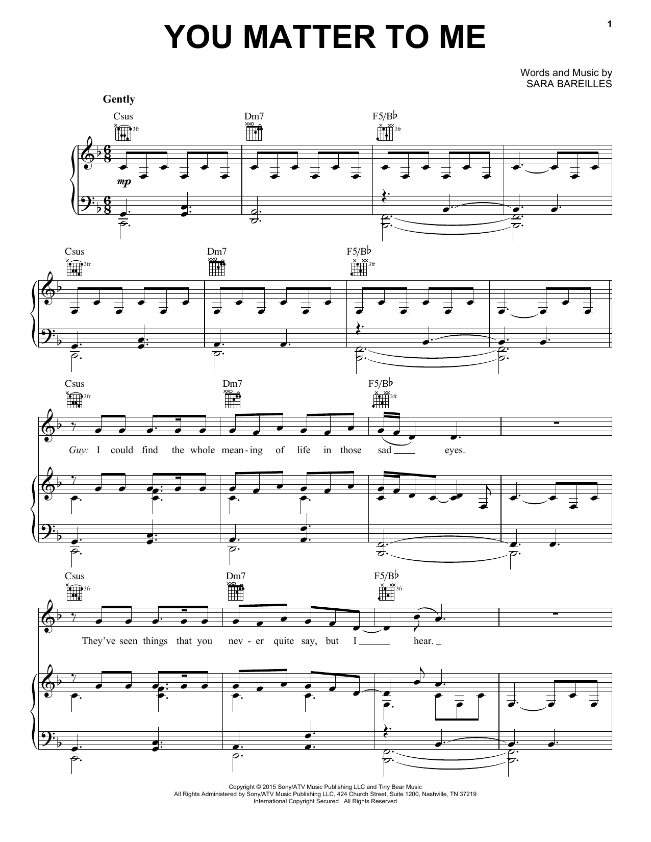 Sara Bareilles You Matter To Me (from Waitress The Musical) sheet music notes and chords arranged for Easy Piano