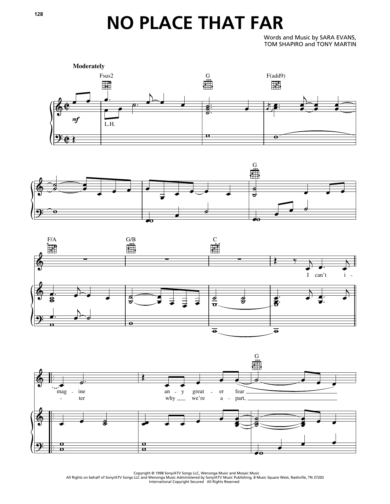 Sara Evans No Place That Far sheet music notes and chords arranged for Piano, Vocal & Guitar Chords (Right-Hand Melody)