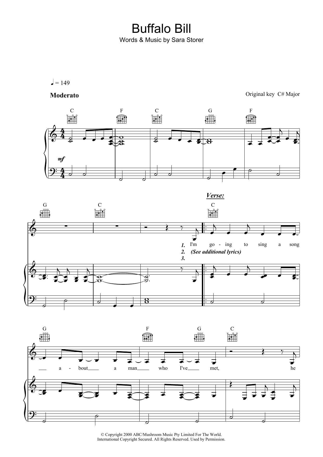 Sara Storer Buffalo Bill sheet music notes and chords arranged for Piano, Vocal & Guitar Chords