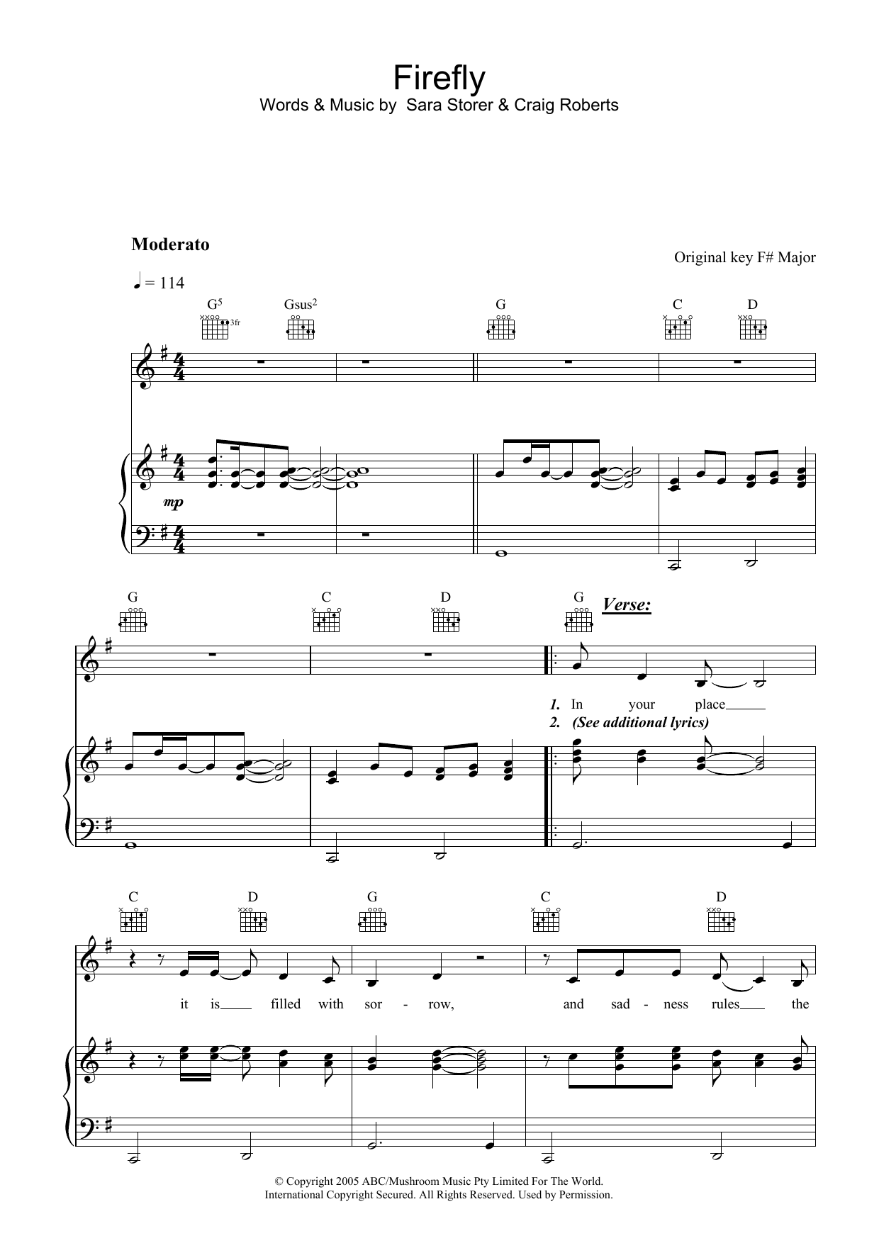 Sara Storer Firefly sheet music notes and chords arranged for Piano, Vocal & Guitar Chords