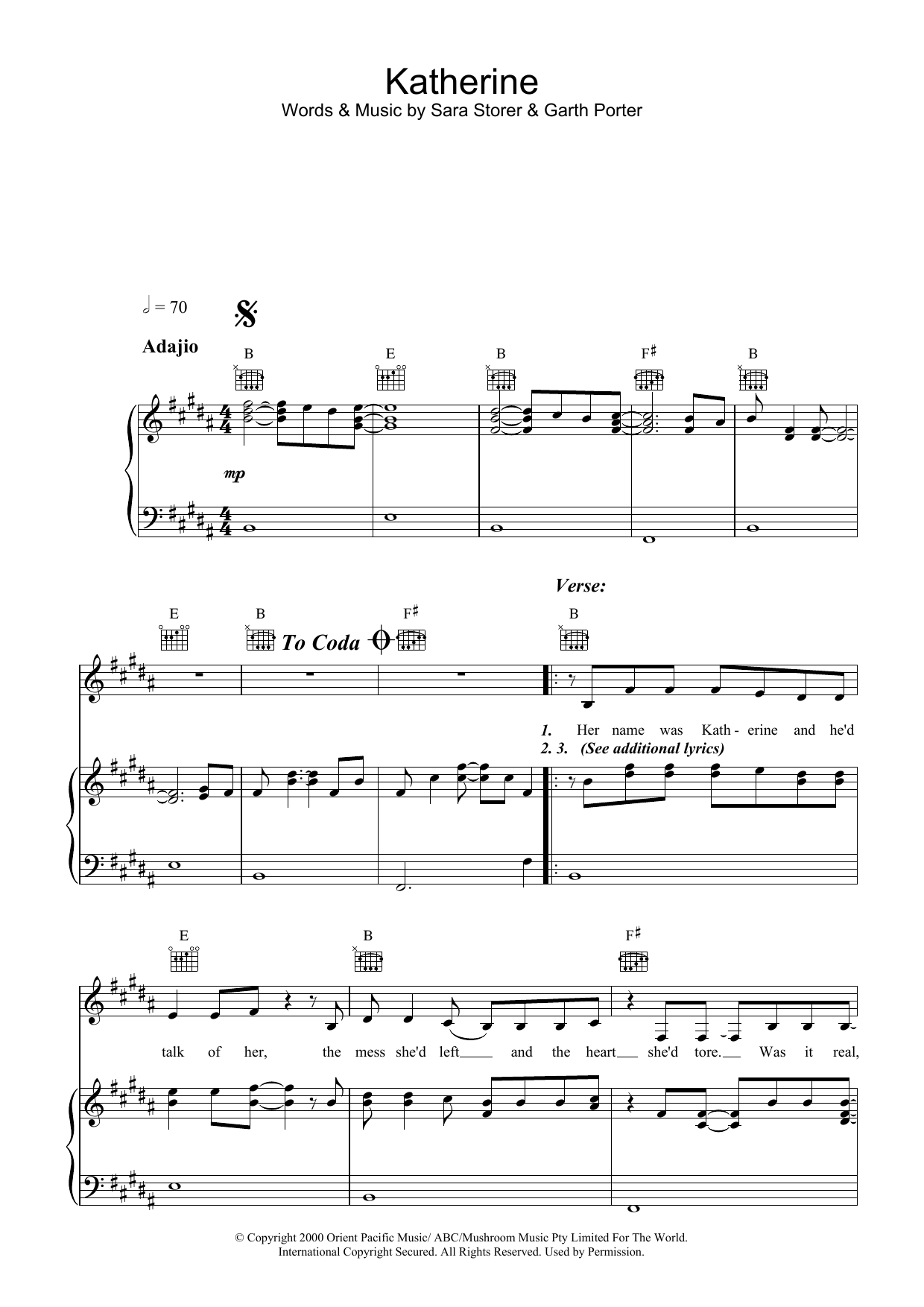 Sara Storer Katherine sheet music notes and chords arranged for Piano, Vocal & Guitar Chords