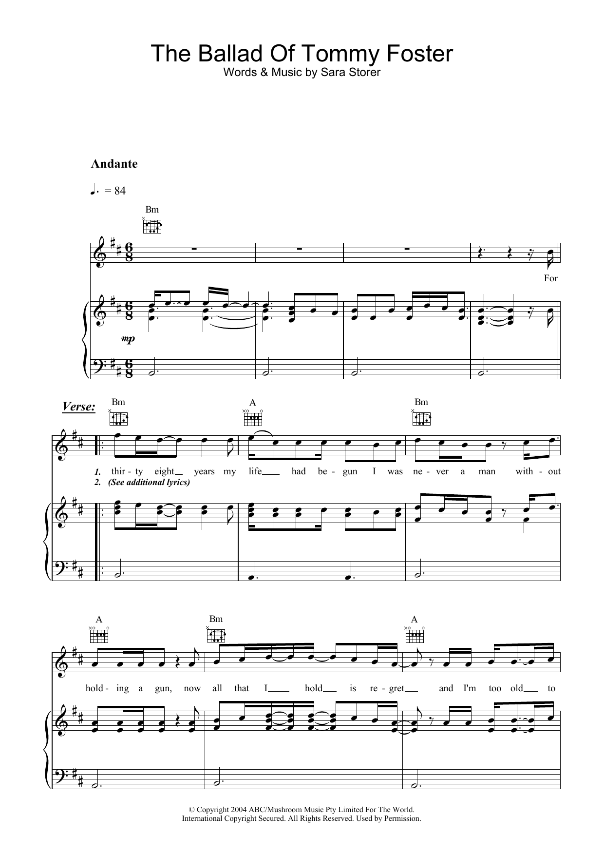 Sara Storer The Ballad Of Tommy Foster sheet music notes and chords arranged for Piano, Vocal & Guitar Chords