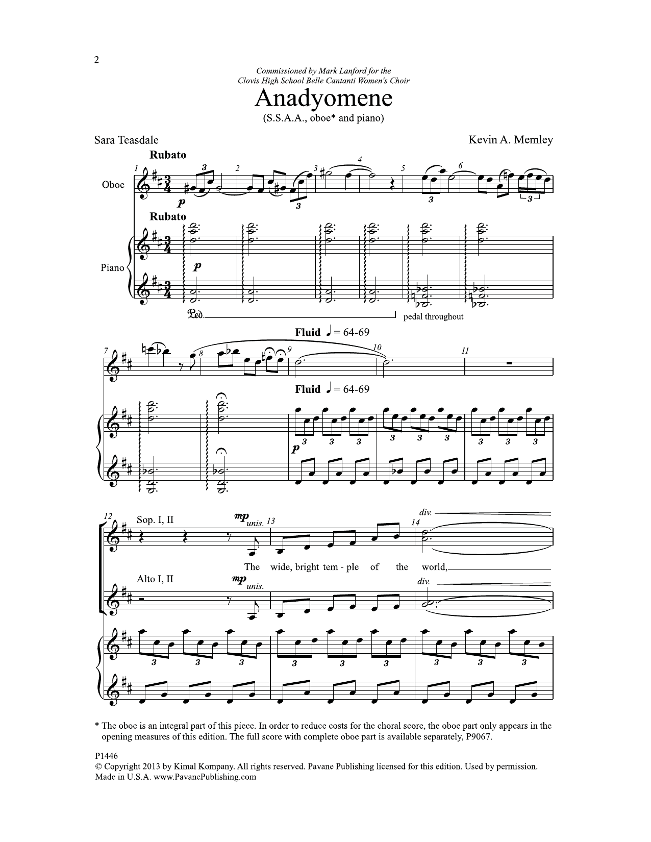 Sara Teasdale Anadyomene (of Supplication) sheet music notes and chords arranged for SSAA Choir