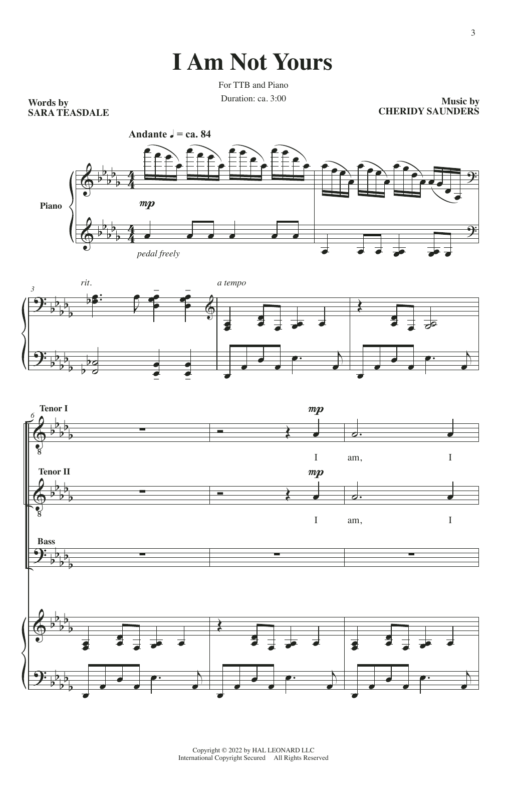 Sara Teasdale and Cheridy Saunders I Am Not Yours sheet music notes and chords arranged for TTB Choir