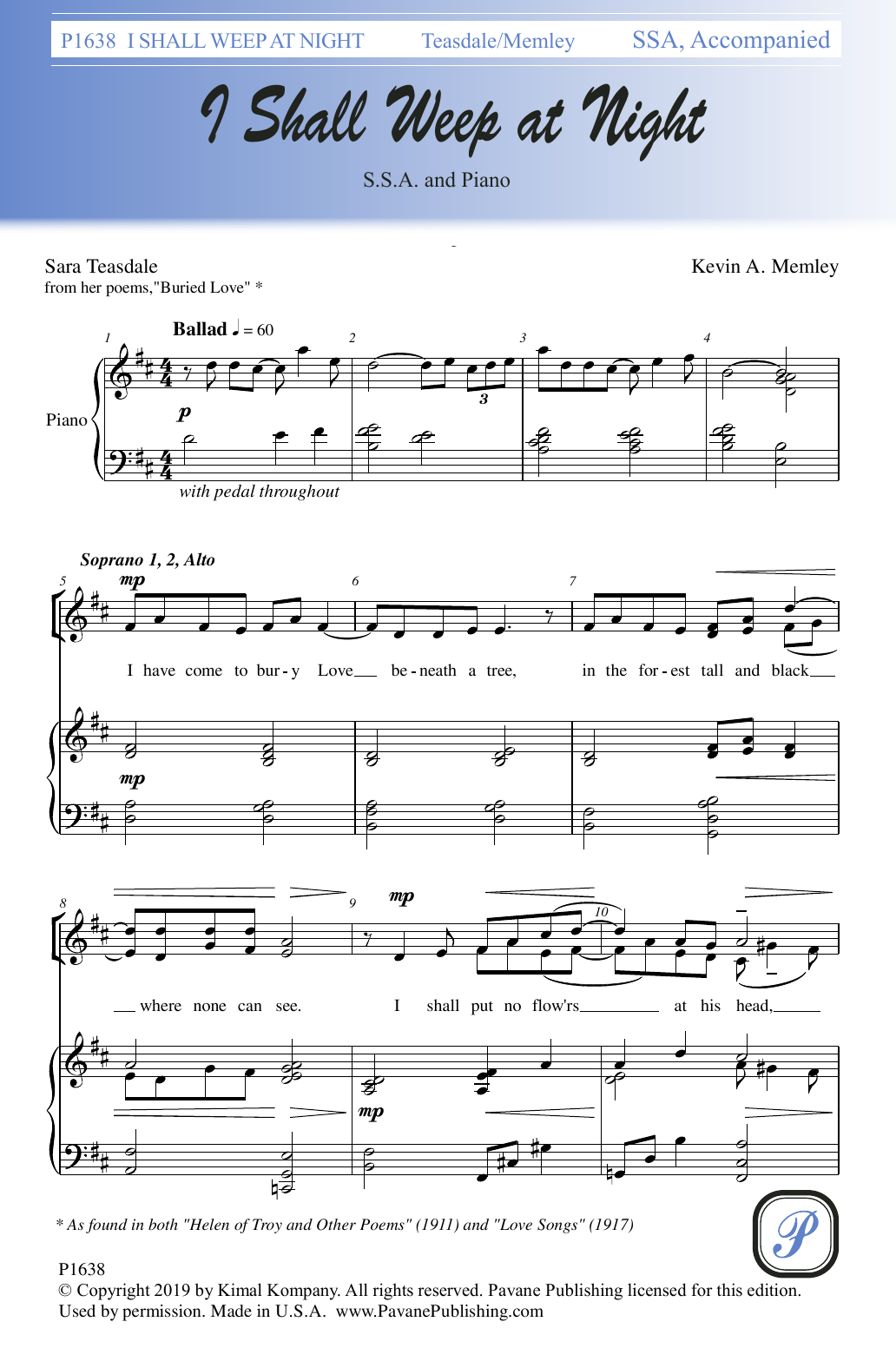 Sara Teasdale and Kevin A. Memley I Shall Weep at Night sheet music notes and chords arranged for SSA Choir