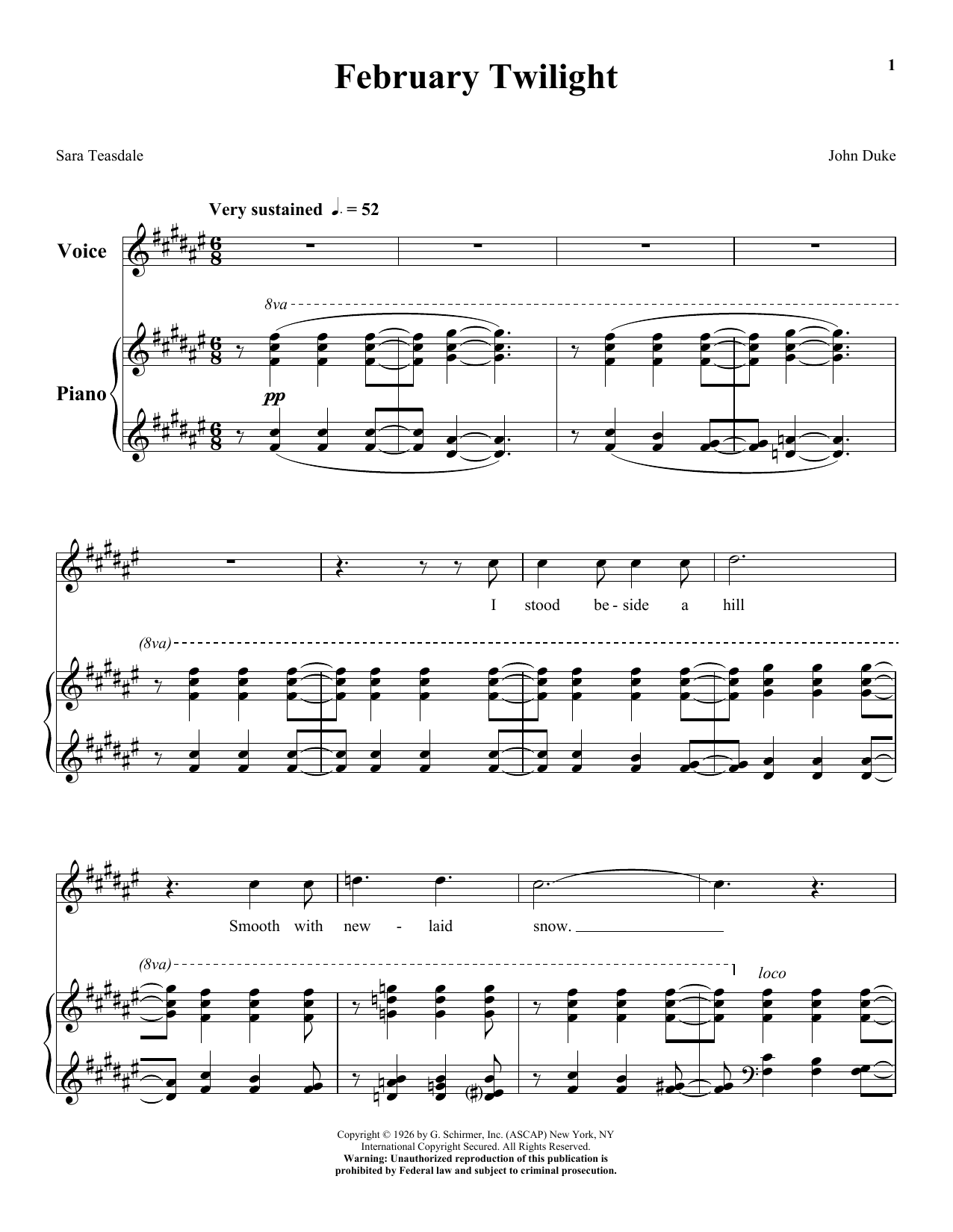 Sara Teasdale February Twilight sheet music notes and chords arranged for Piano & Vocal