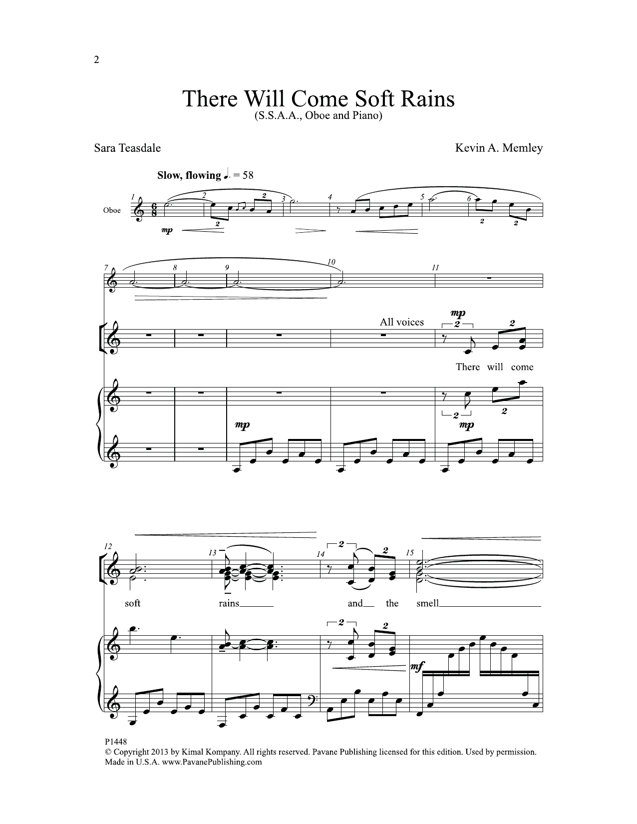 Sara Teasdale There Will Come Soft Rains (of War) sheet music notes and chords arranged for SSAA Choir