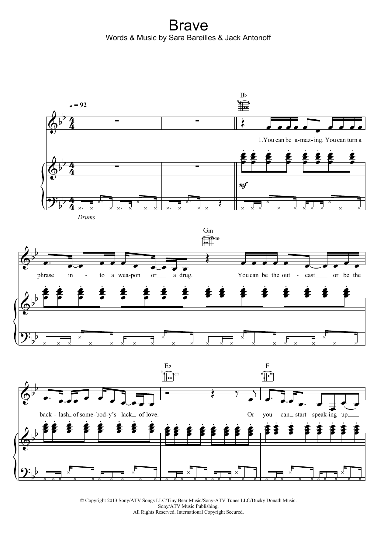 Sara Bareilles Brave sheet music notes and chords arranged for Real Book – Melody, Lyrics & Chords