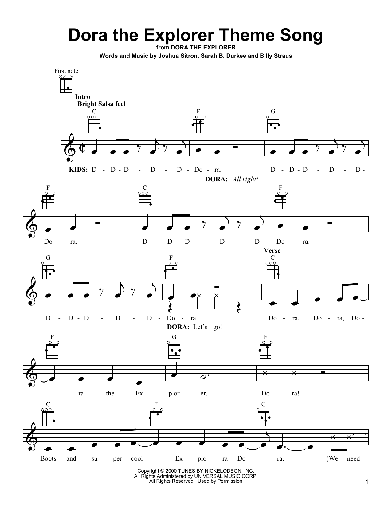 Sarah B. Durkee Dora The Explorer Theme Song sheet music notes and chords arranged for Ukulele