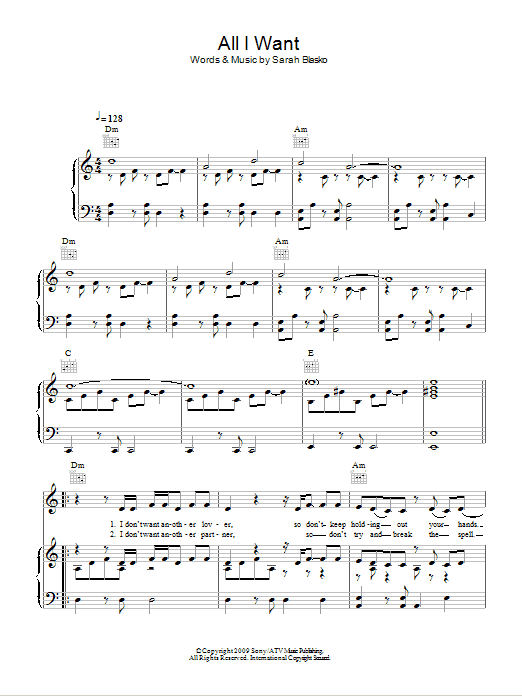 Sarah Blasko All I Want sheet music notes and chords arranged for Piano, Vocal & Guitar Chords