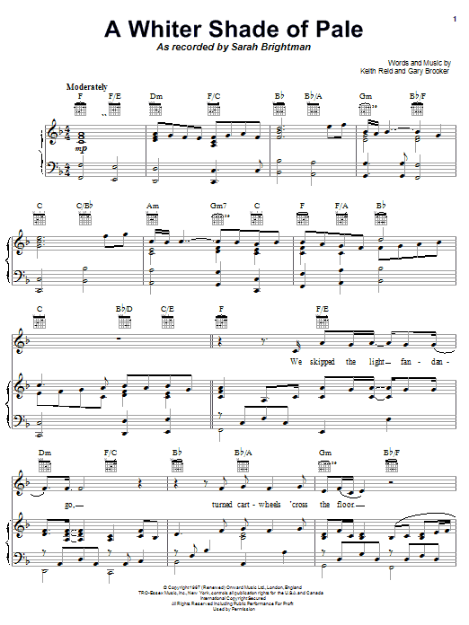 Sarah Brightman A Whiter Shade Of Pale sheet music notes and chords arranged for Piano, Vocal & Guitar Chords (Right-Hand Melody)