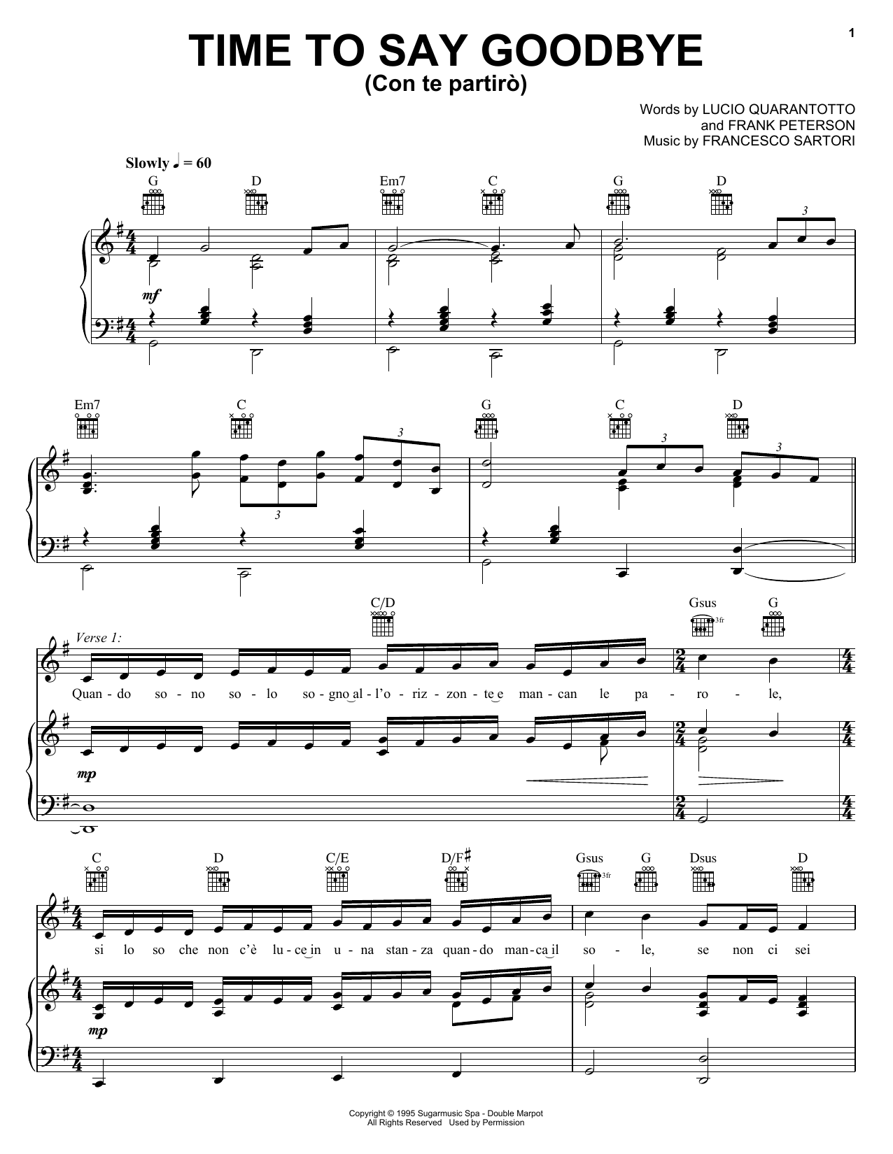 Sarah Brightman with Andrea Bocelli Time To Say Goodbye sheet music notes and chords arranged for Piano, Vocal & Guitar Chords (Right-Hand Melody)