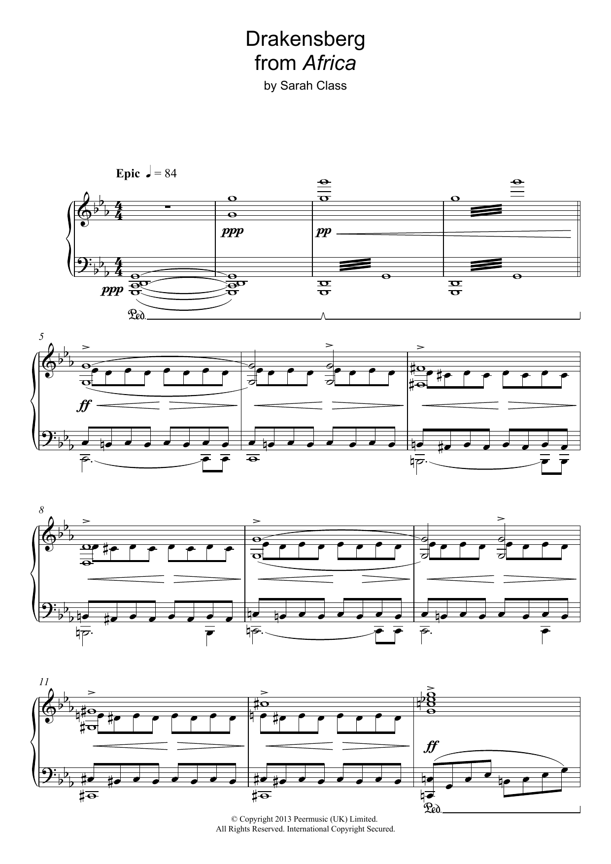 Sarah Class Draconsberg (from 'Africa') sheet music notes and chords arranged for Piano Solo