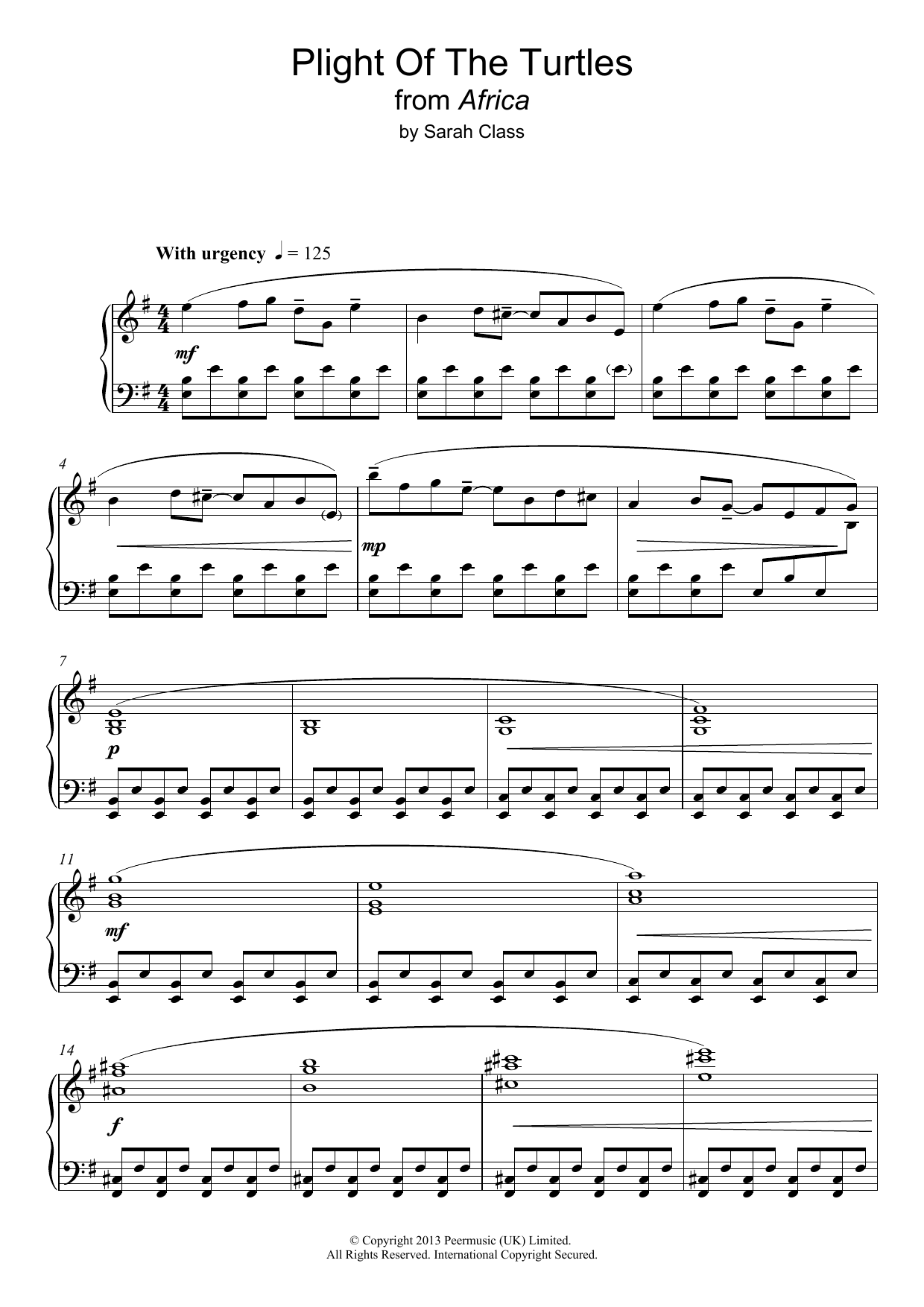 Sarah Class Plight Of The Turtles sheet music notes and chords arranged for Piano Solo