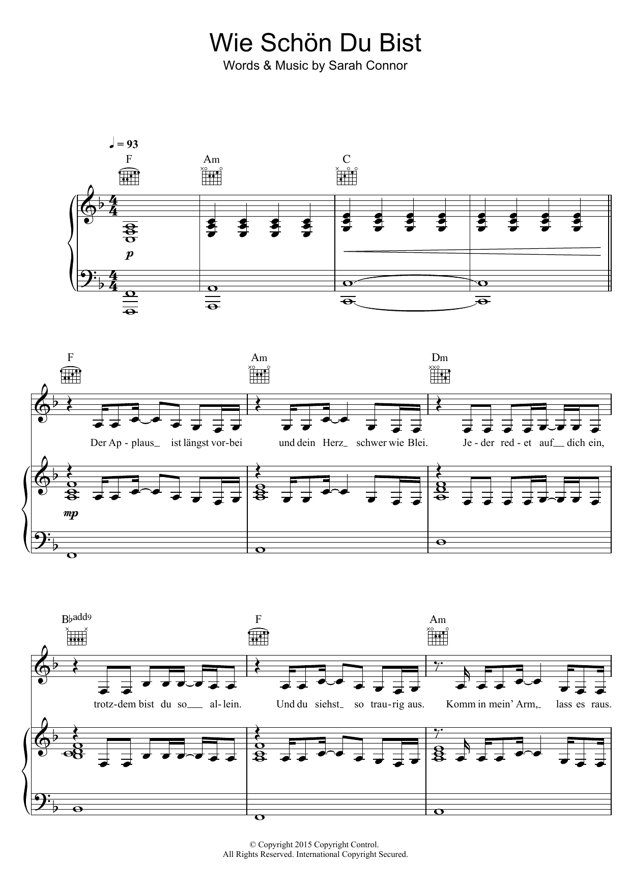 Sarah Connor Wie Schon Du Bist sheet music notes and chords arranged for Piano, Vocal & Guitar Chords