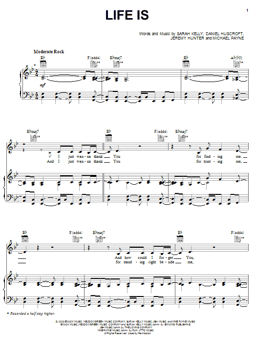 Sarah Kelly Life Is sheet music notes and chords arranged for Piano, Vocal & Guitar Chords (Right-Hand Melody)