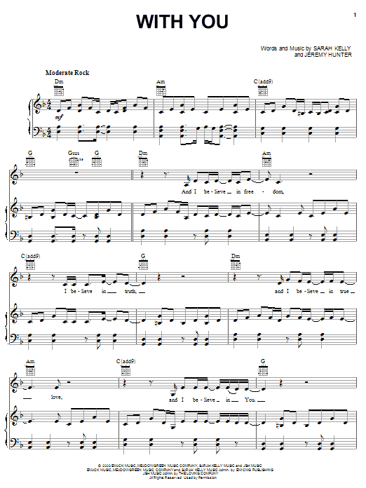 Sarah Kelly With You sheet music notes and chords arranged for Piano, Vocal & Guitar Chords (Right-Hand Melody)