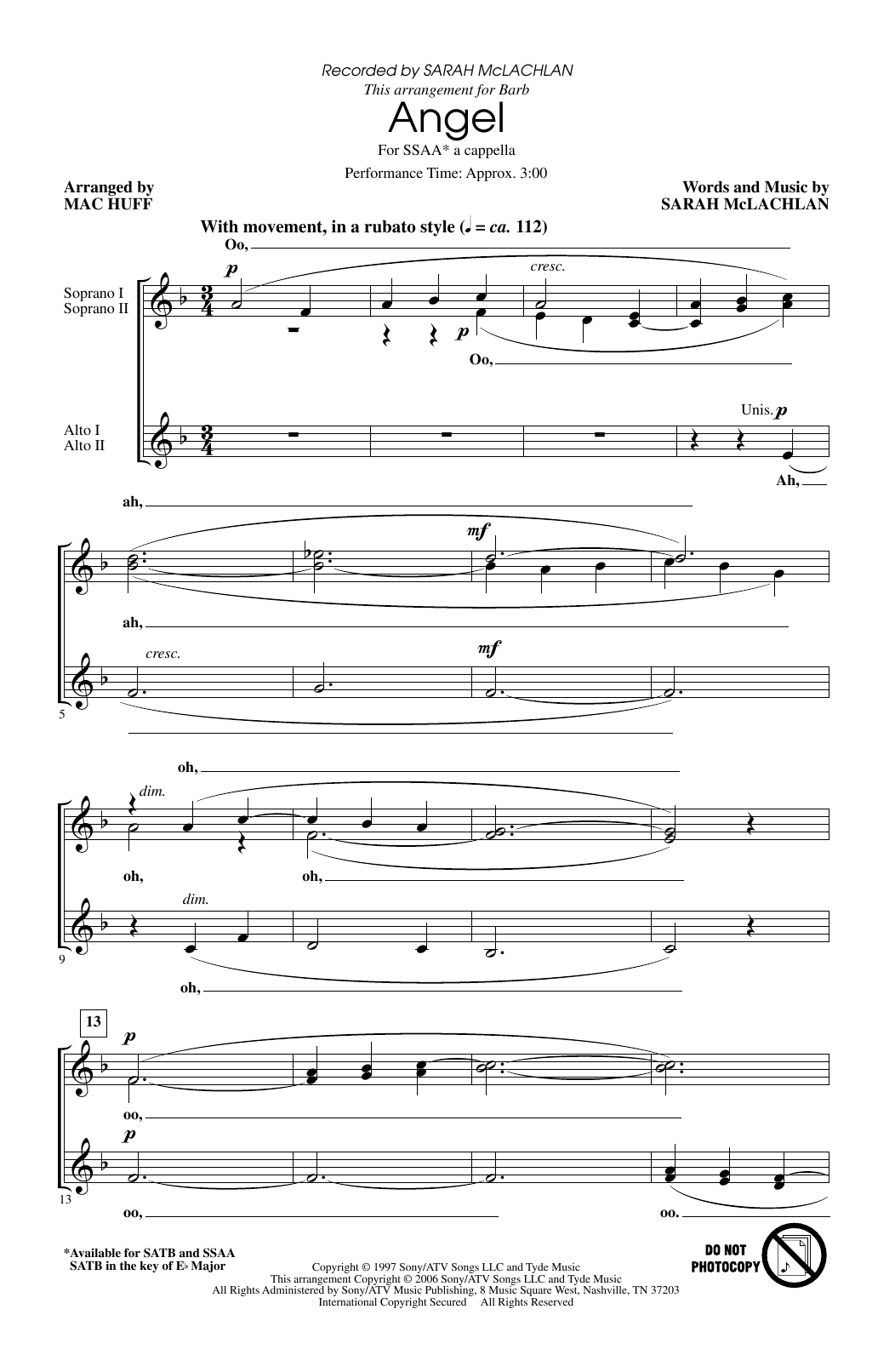Sarah McLachlan Angel (arr. Mac Huff) sheet music notes and chords arranged for SSA Choir
