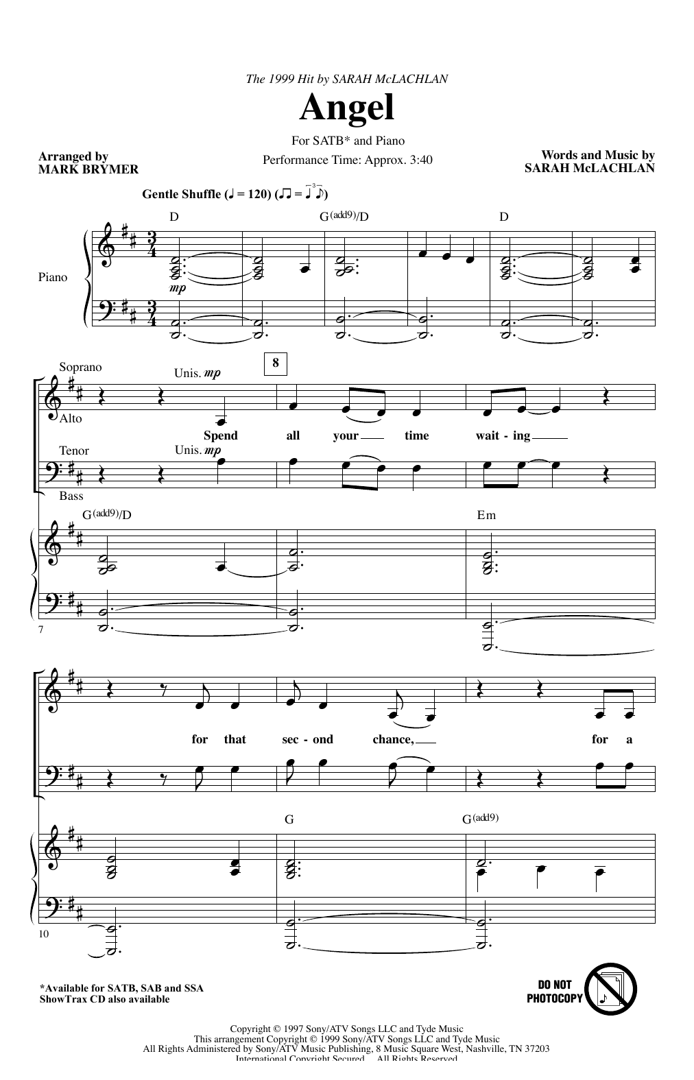 Sarah McLachlan Angel (arr. Mark Brymer) sheet music notes and chords arranged for SATB Choir