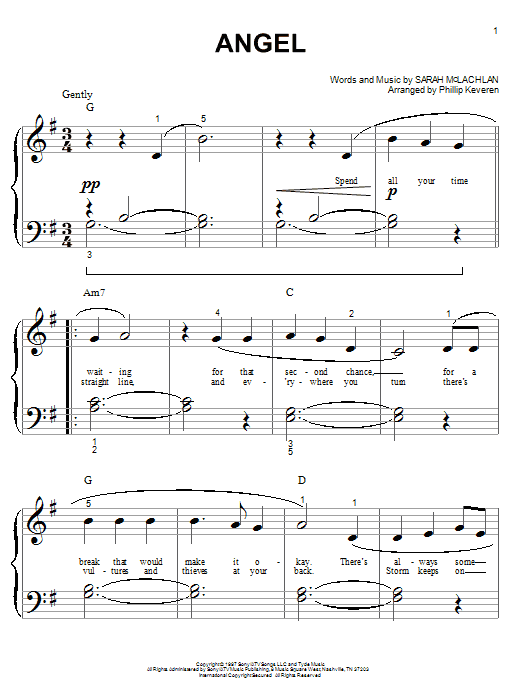 Sarah McLachlan Angel (arr. Phillip Keveren) sheet music notes and chords arranged for Big Note Piano