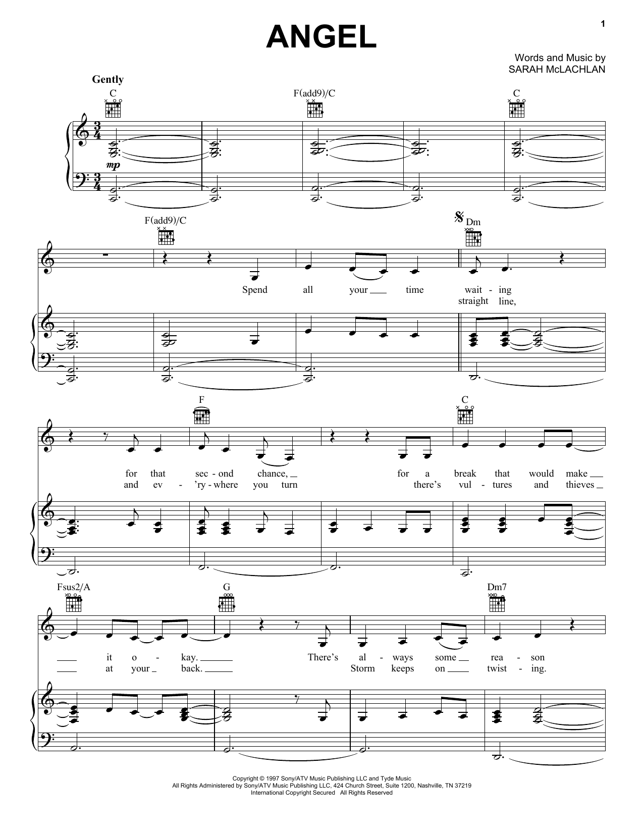 Sarah McLachlan Angel sheet music notes and chords arranged for Vocal Pro + Piano/Guitar