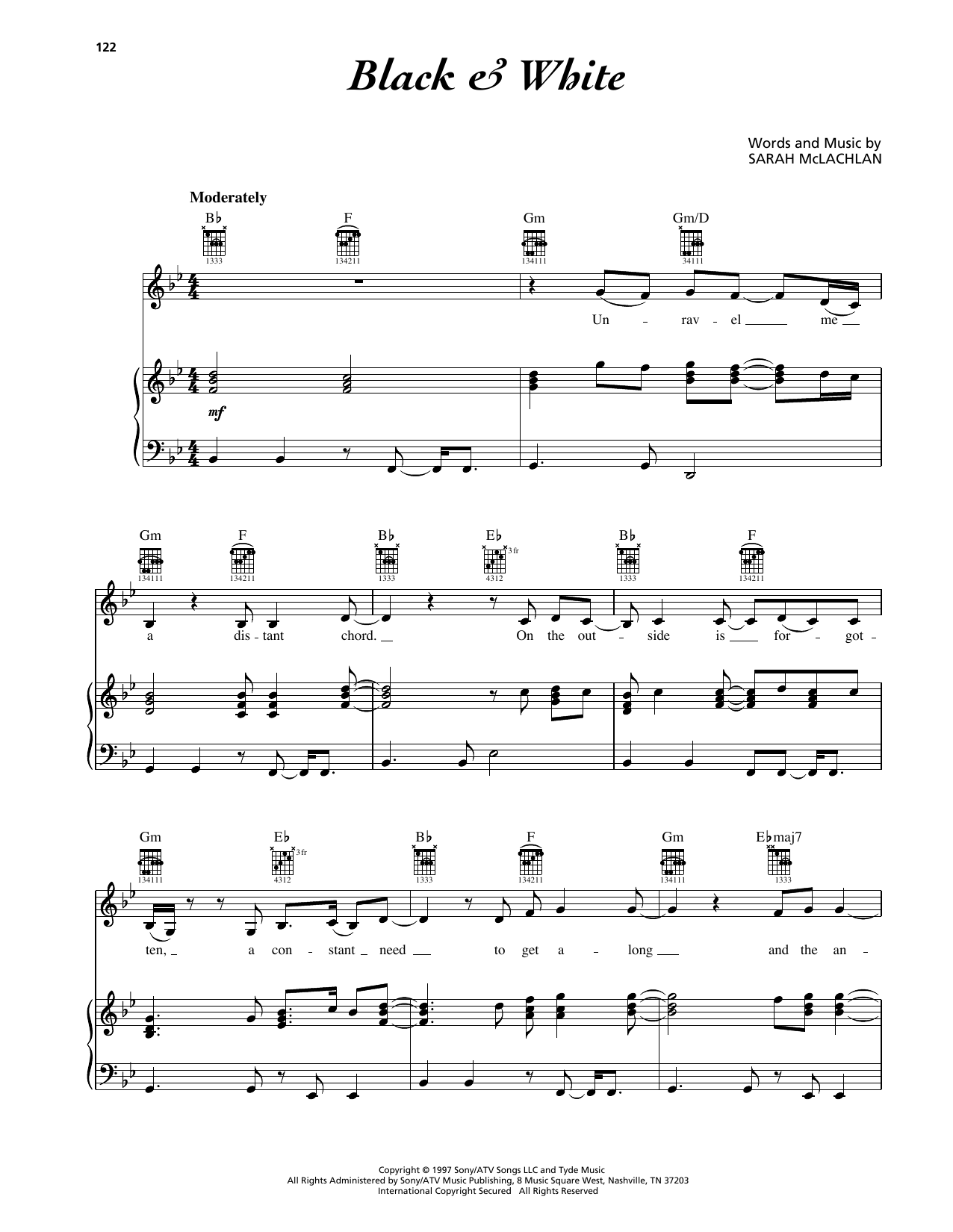 Sarah McLachlan Black & White sheet music notes and chords arranged for Piano, Vocal & Guitar Chords (Right-Hand Melody)