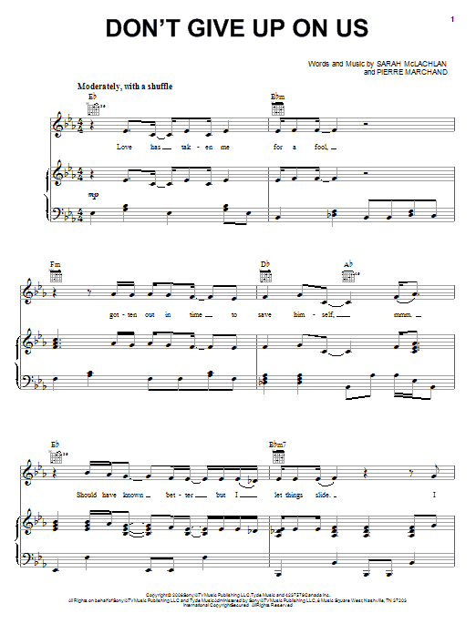 Sarah McLachlan Don't Give Up On Us sheet music notes and chords arranged for Piano, Vocal & Guitar Chords (Right-Hand Melody)