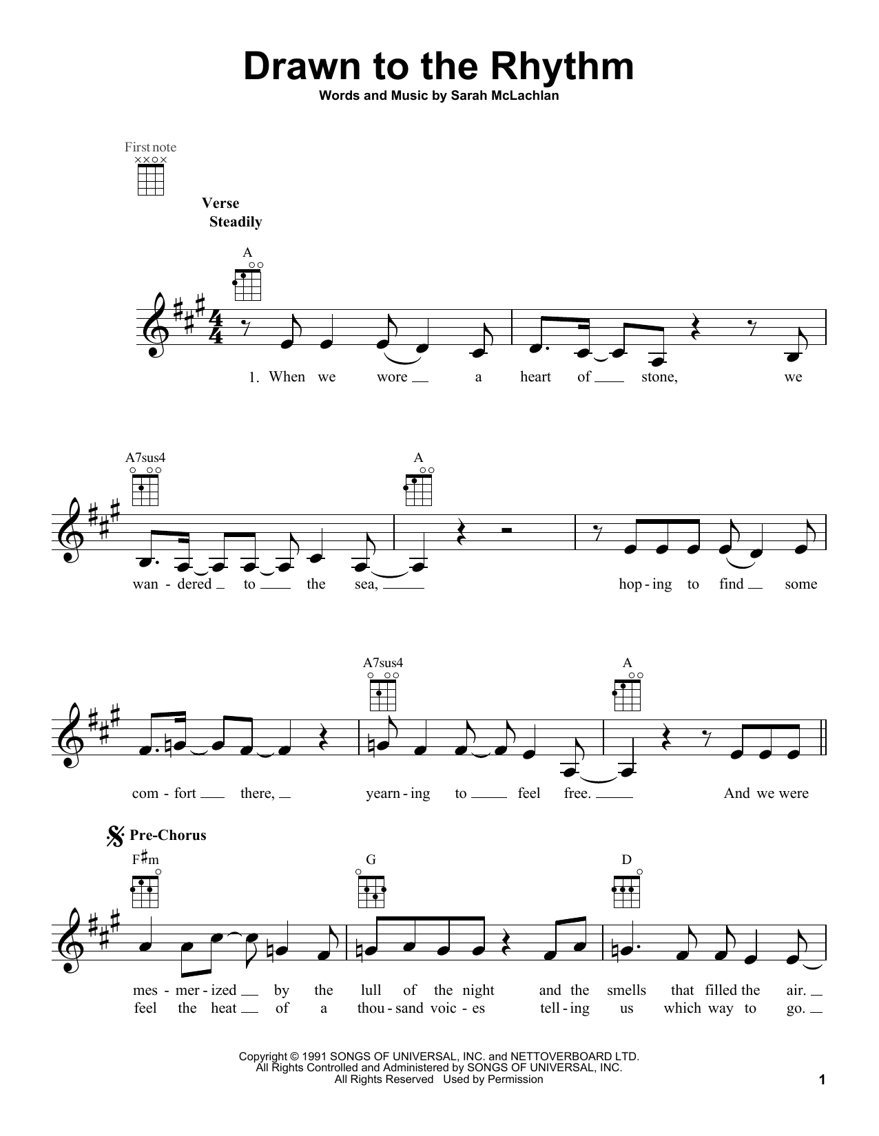 Sarah McLachlan Drawn To The Rhythm sheet music notes and chords arranged for Ukulele