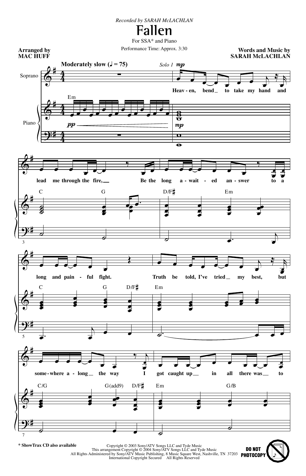 Sarah McLachlan Fallen (arr. Mac Huff) sheet music notes and chords arranged for SSA Choir
