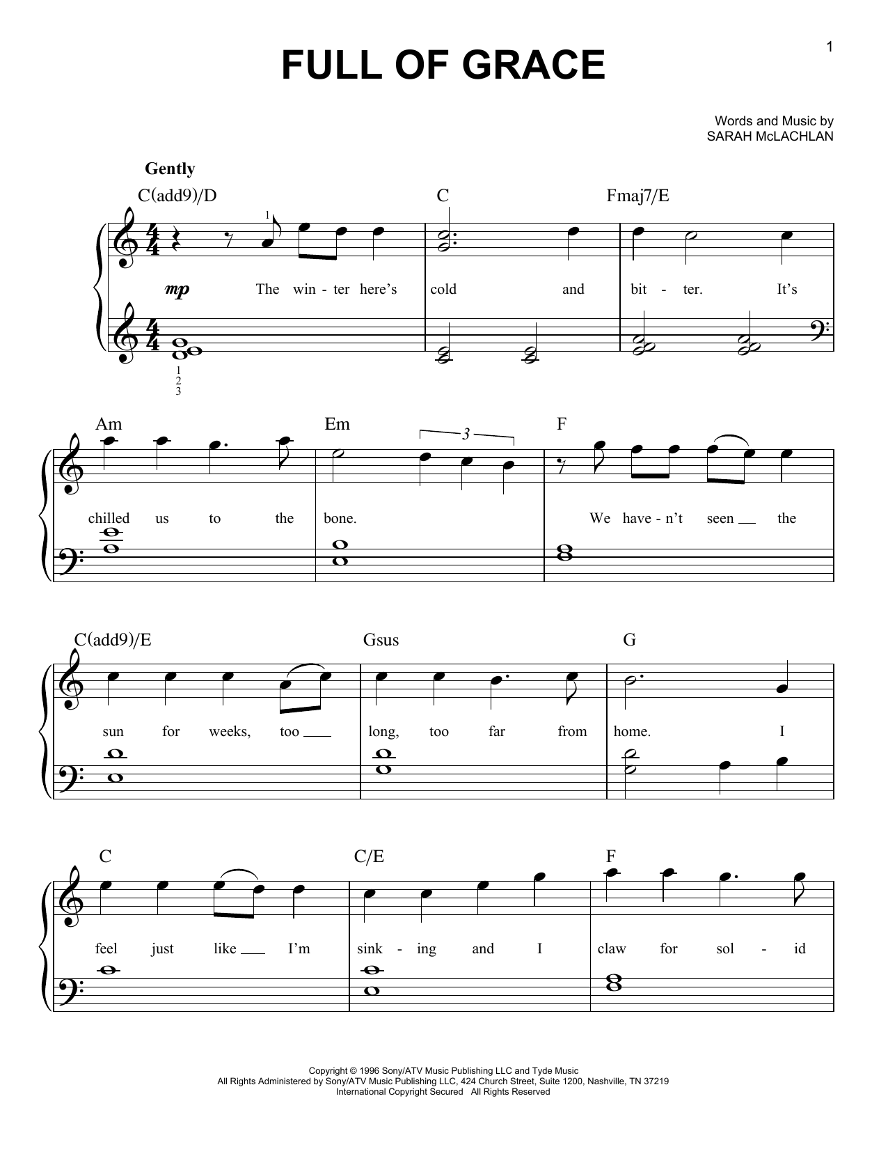 Sarah McLachlan Full Of Grace sheet music notes and chords arranged for Easy Piano