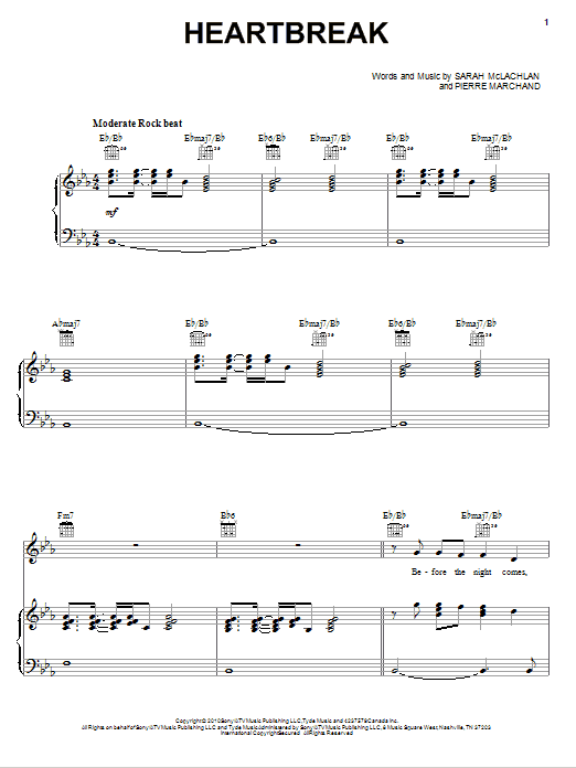 Sarah McLachlan Heartbreak sheet music notes and chords arranged for Piano, Vocal & Guitar Chords (Right-Hand Melody)
