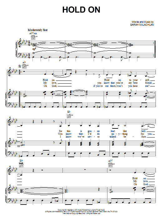 Sarah McLachlan Hold On sheet music notes and chords arranged for Piano, Vocal & Guitar Chords (Right-Hand Melody)