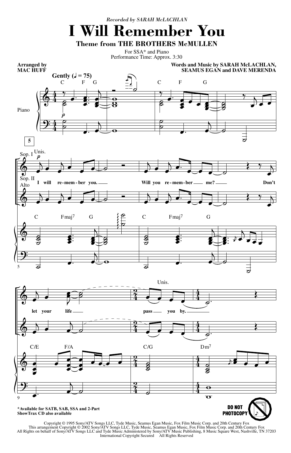 Sarah McLachlan I Will Remember You (arr. Mac Huff) sheet music notes and chords arranged for SAB Choir