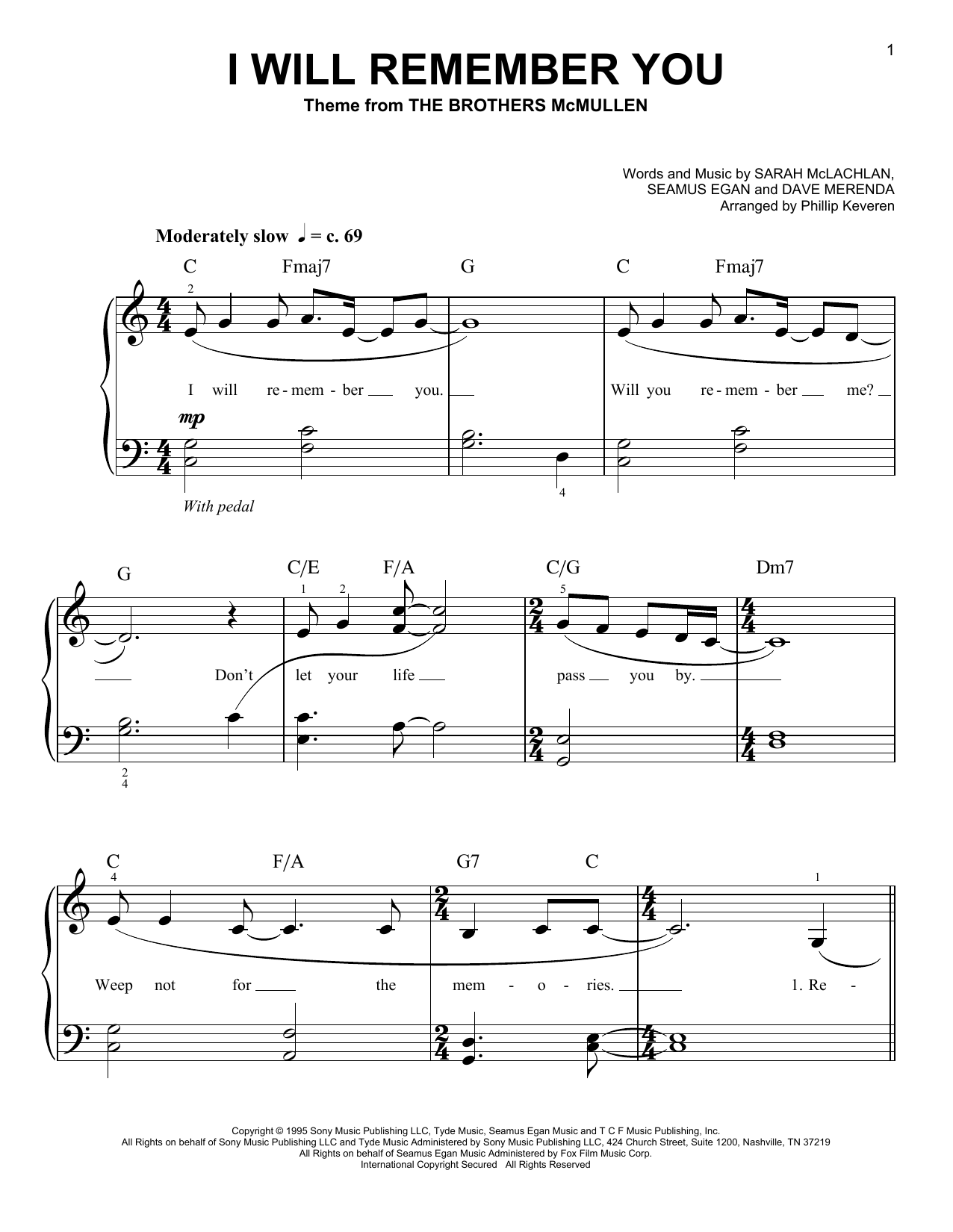 Sarah McLachlan I Will Remember You (arr. Phillip Keveren) sheet music notes and chords arranged for Easy Piano