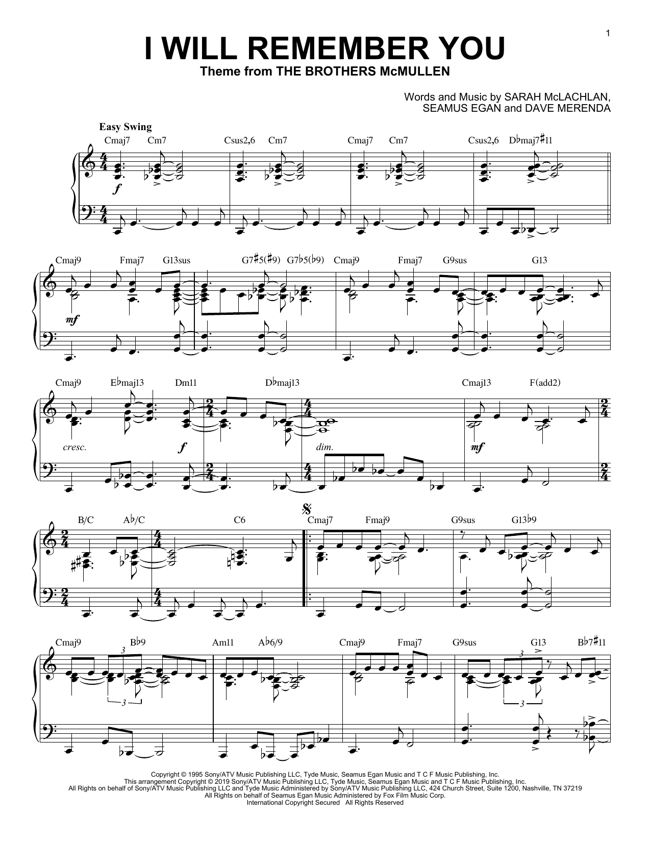 Sarah McLachlan I Will Remember You [Jazz version] sheet music notes and chords arranged for Piano Solo