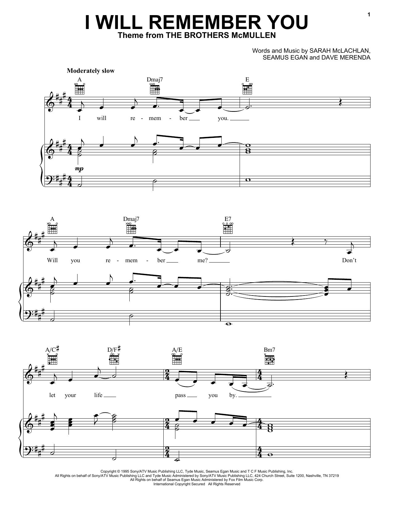 Sarah McLachlan I Will Remember You sheet music notes and chords arranged for Piano, Vocal & Guitar Chords (Right-Hand Melody)