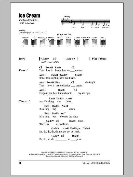 Sarah McLachlan Ice Cream sheet music notes and chords arranged for Piano, Vocal & Guitar Chords (Right-Hand Melody)