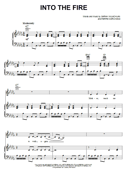 Sarah McLachlan Into The Fire sheet music notes and chords arranged for Piano Solo
