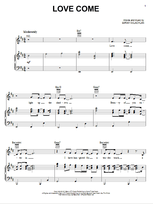 Sarah McLachlan Love Come sheet music notes and chords arranged for Piano, Vocal & Guitar Chords (Right-Hand Melody)
