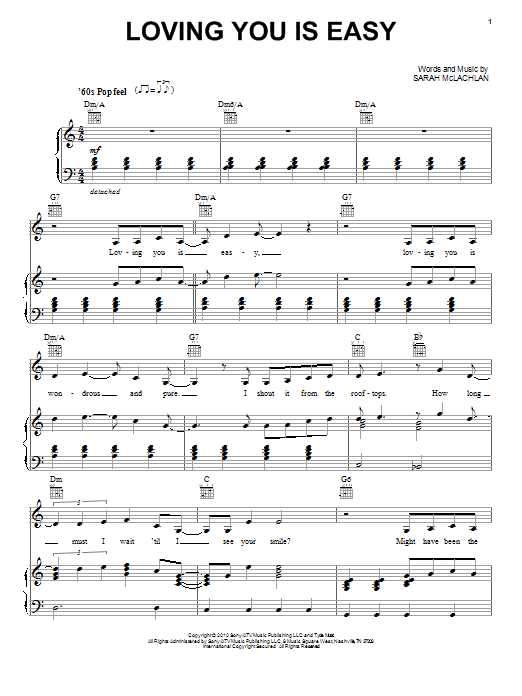 Sarah McLachlan Loving You Is Easy sheet music notes and chords arranged for Easy Piano