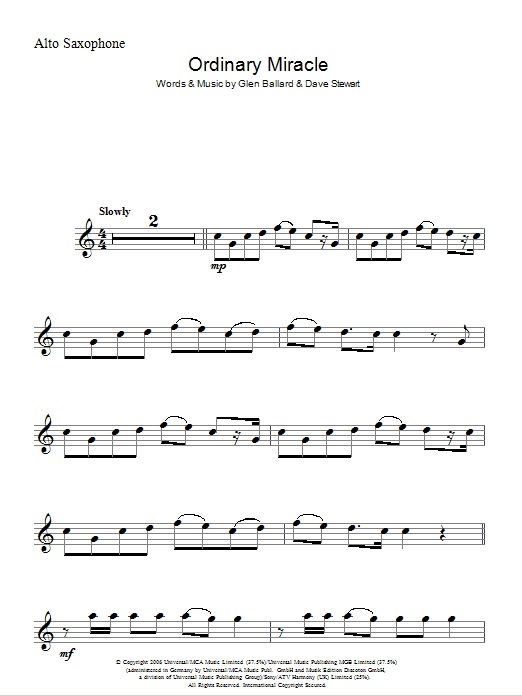 Sarah McLachlan Ordinary Miracle (from Charlotte's Web) sheet music notes and chords arranged for Alto Sax Solo