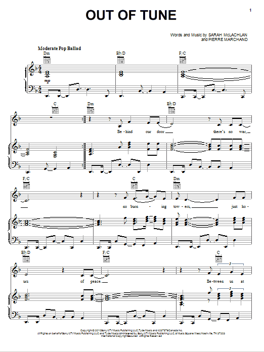 Sarah McLachlan Out Of Tune sheet music notes and chords arranged for Piano, Vocal & Guitar Chords (Right-Hand Melody)