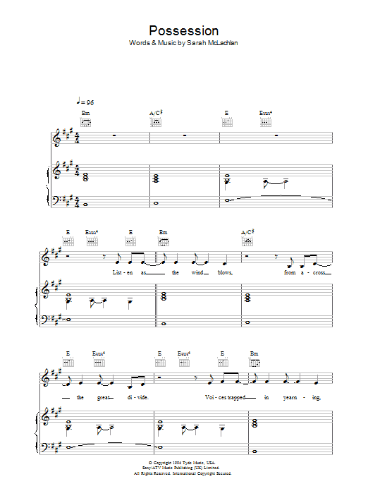 Sarah McLachlan Possession sheet music notes and chords arranged for Piano, Vocal & Guitar Chords