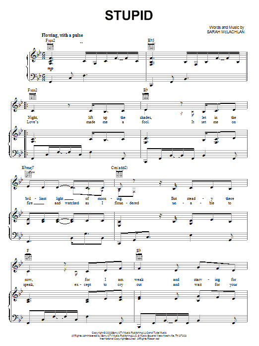 Sarah McLachlan Stupid sheet music notes and chords arranged for Piano, Vocal & Guitar Chords (Right-Hand Melody)
